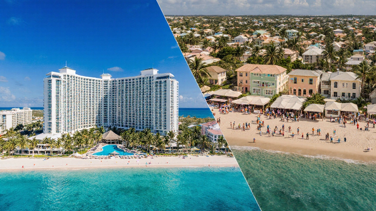 Aerial view contrasting luxury resort on Providenciales with modest guesthouses on Grand Turk.