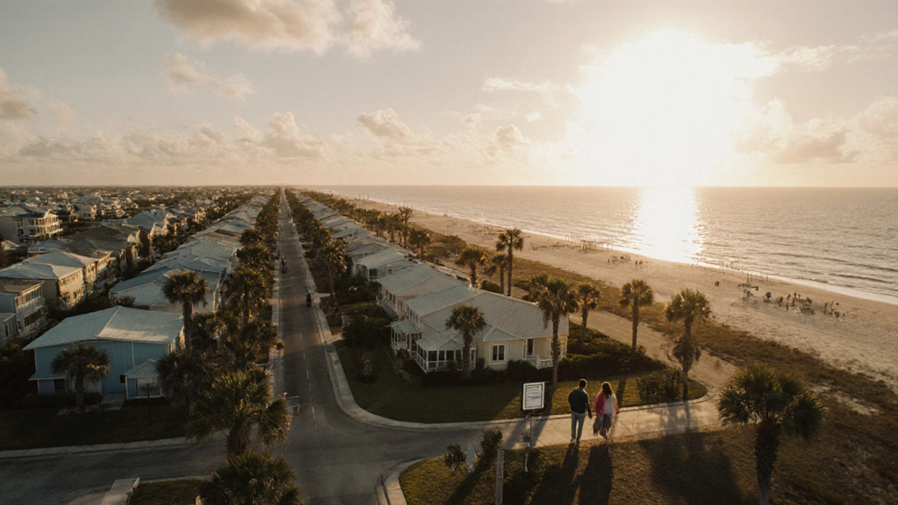 Aerial view of quiet Gulf‑coast town with low‑rise homes and people scouting property.