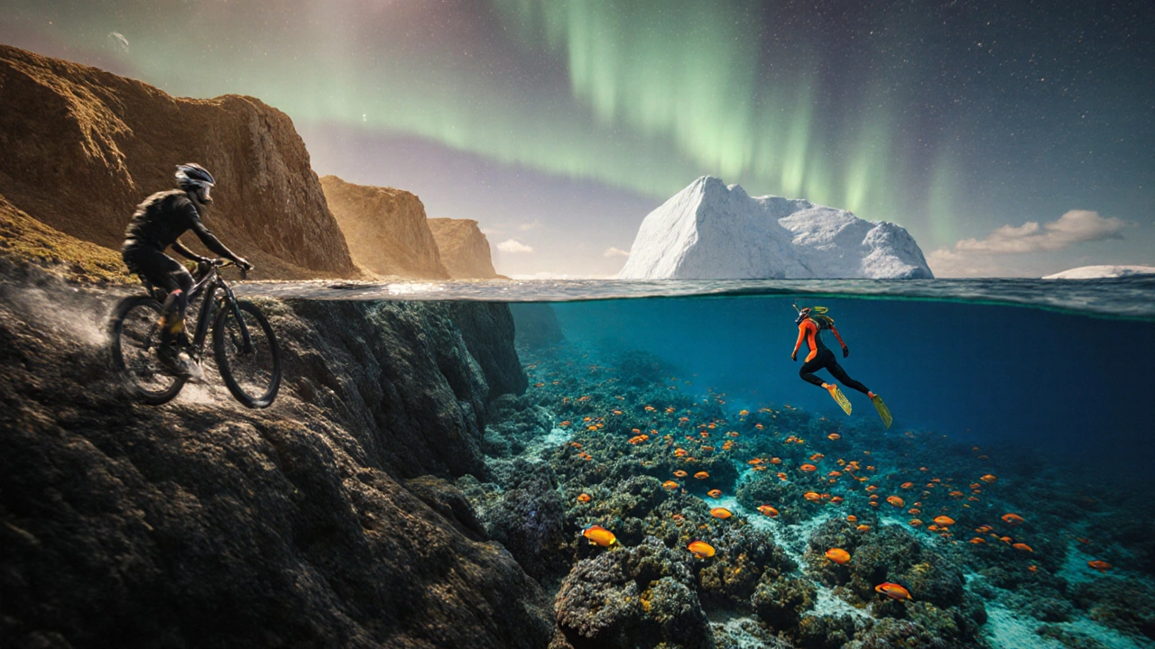 Cinematic scene of cyclist on cliffs, diver in coral reef, and distant iceberg under aurora.