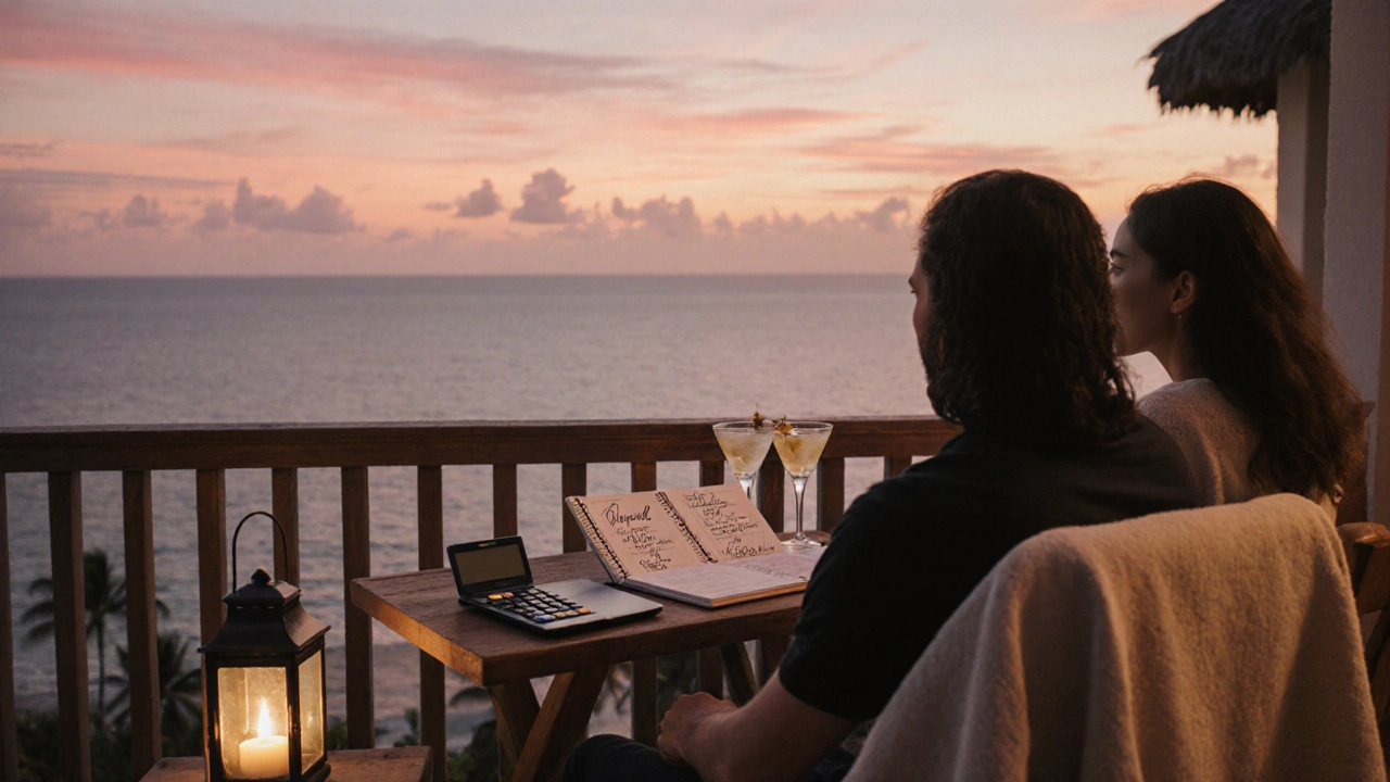 Couple on a balcony at sunset reviewing a budget with calculator, drinks, and travel guide.