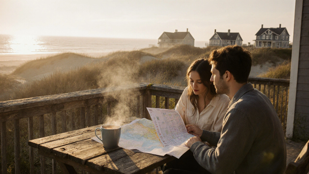 Couple reviewing a survey map and checklist on a patio overlooking both property types.