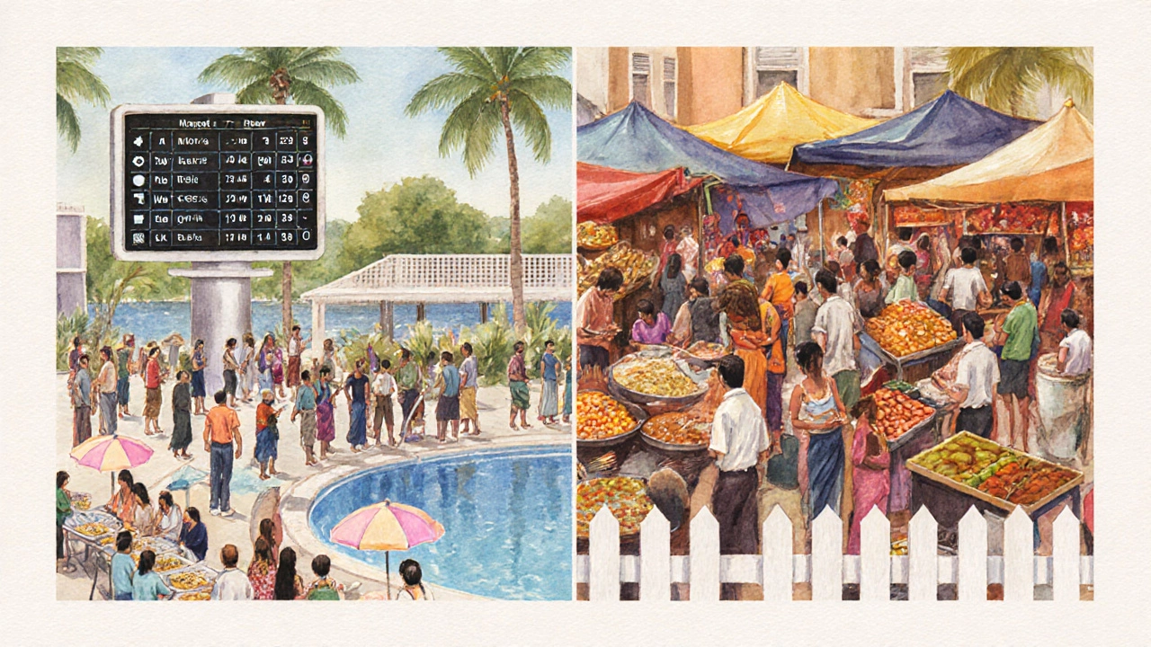 Crowded resort pool and buffet line contrasted with a colorful local market beyond the resort fence.