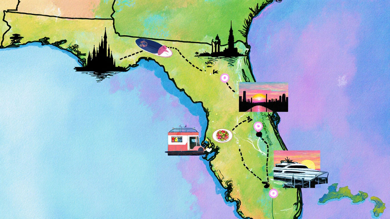 Digital map of Florida showing route with icons for Disney, Everglades, Miami, and Key West activities.