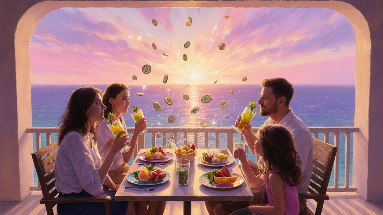 Family enjoying a sunset balcony dinner, with subtle coin sparkles indicating budgeting.