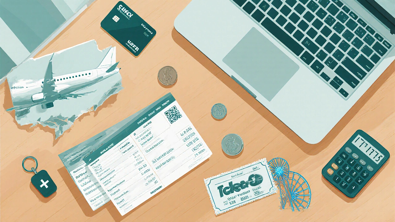 Flat‑lay desk showing flight, hotel, car, and ticket items with a calculator indicating savings.