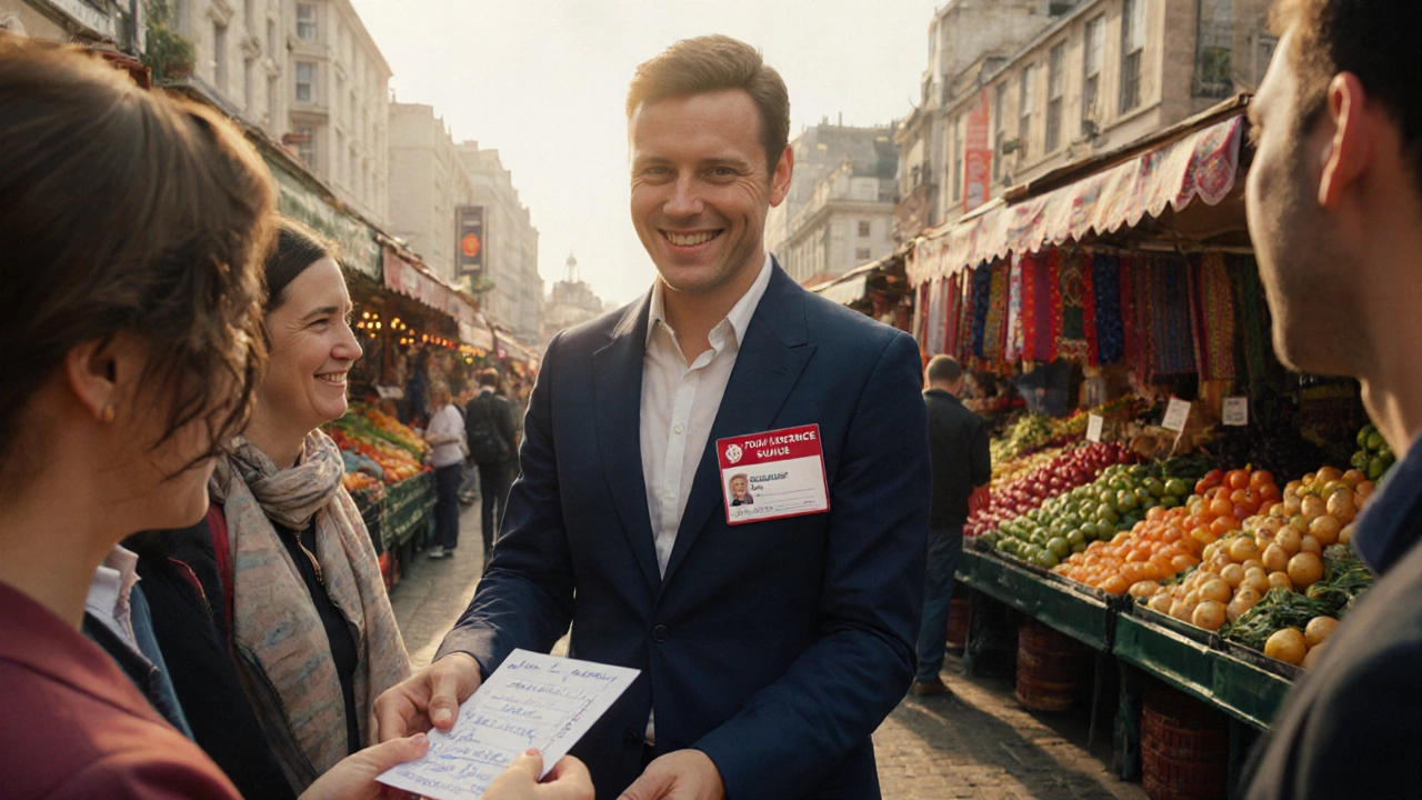 Guide with visible license smiles, receiving feedback in a London market.