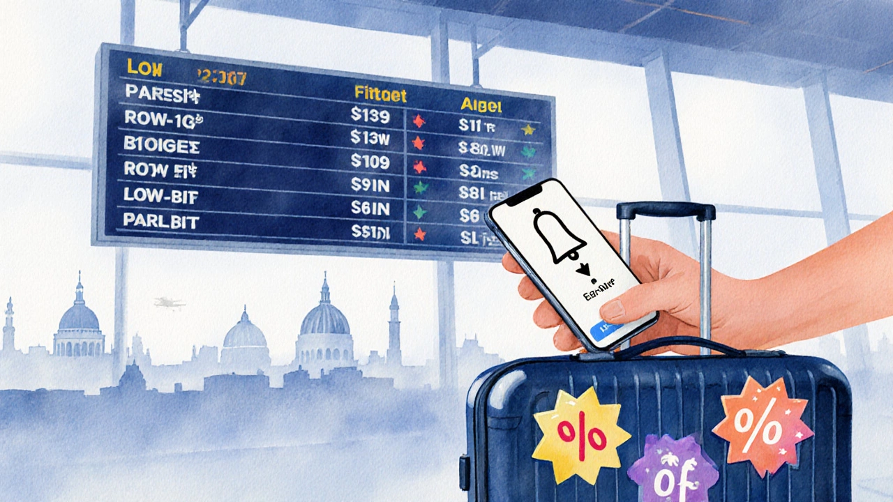 Hand holding phone with price alert while suitcase shows discount stickers near an airport board.