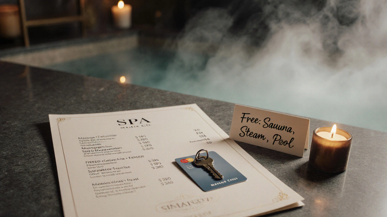 Hotel keycard resting on spa price list with small note about free amenities.