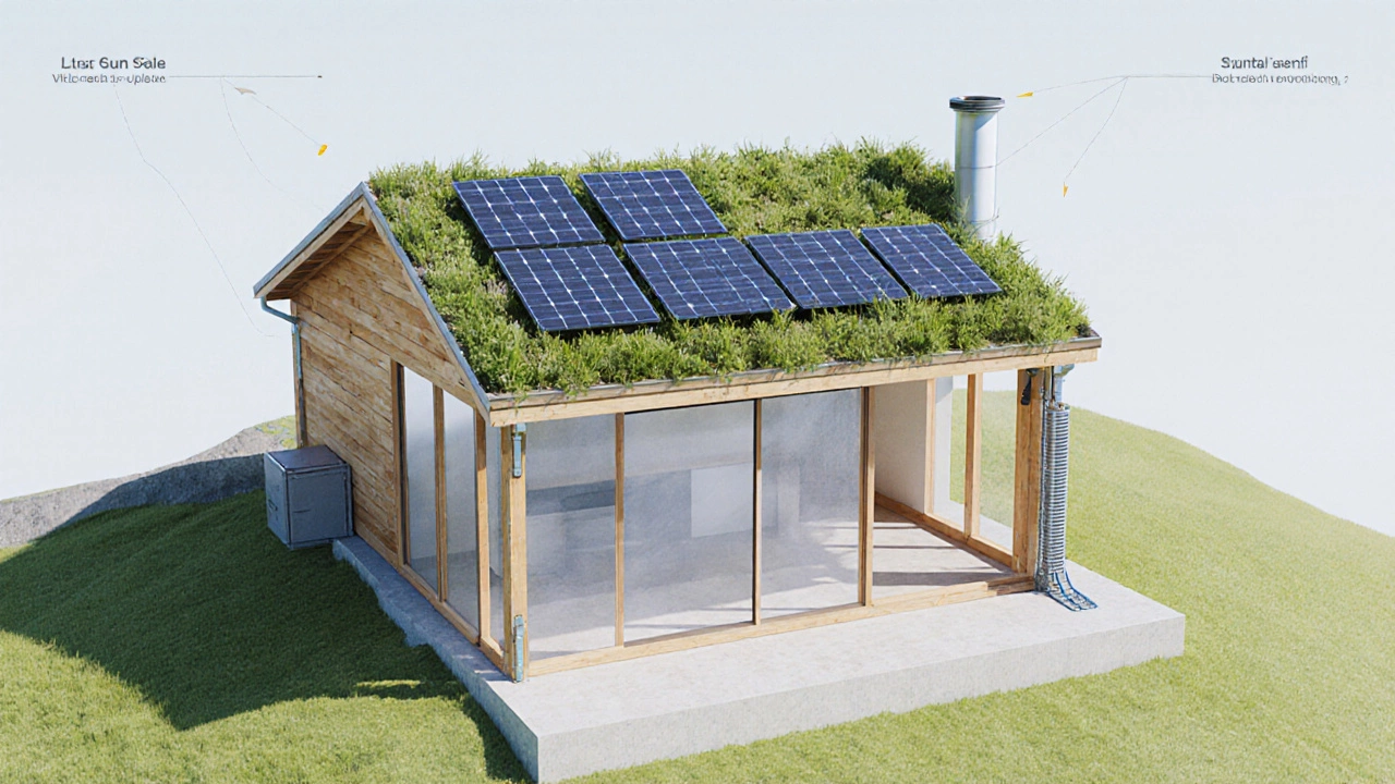 Isometric architectural rendering of an eco‑cottage showcasing passive solar windows, green roof, and solar panels.