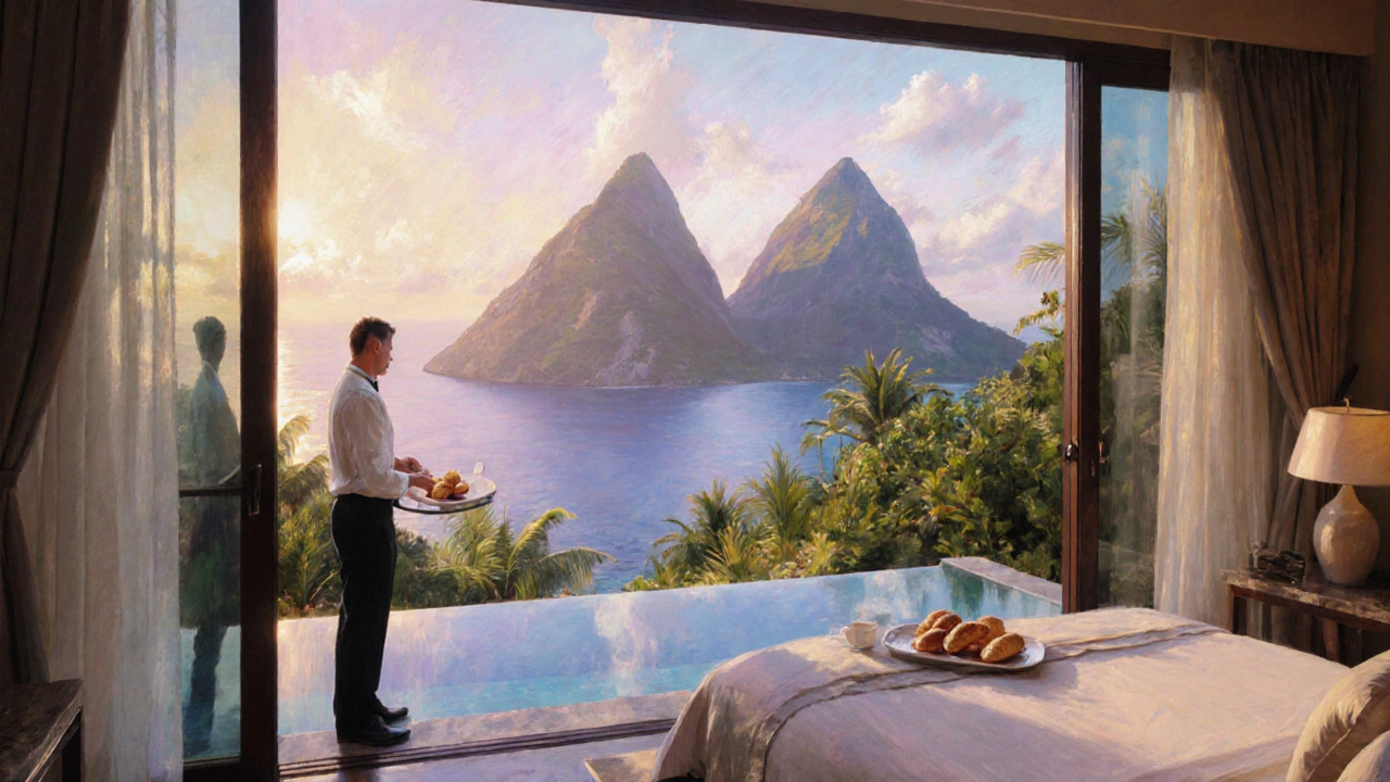 Jade Mountain cliff‑side suite with plunge pool and Piton views at sunrise.