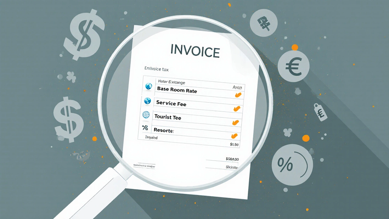 Magnified hotel invoice showing hidden fees and taxes.