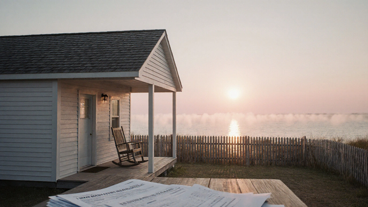 Modest Gulf Shores cottage at sunrise with porch paperwork hinting at hidden costs.