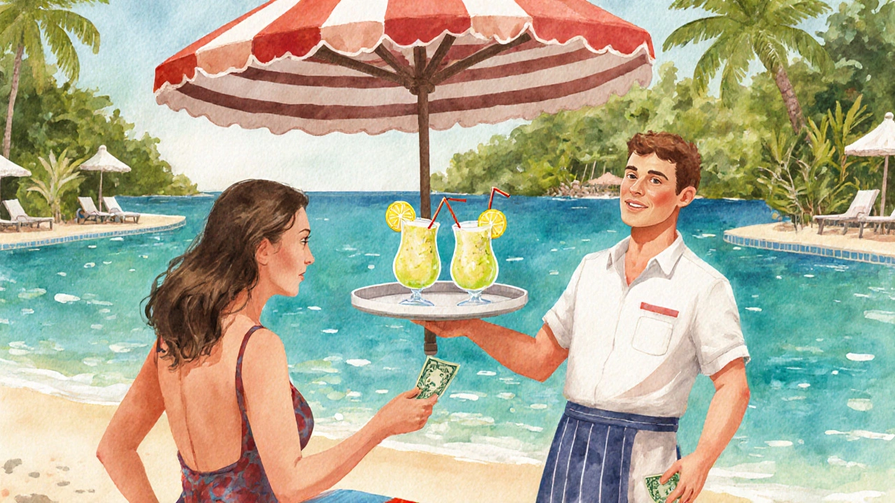 Pool server handing out drinks as guest offers a tip from their beach towel