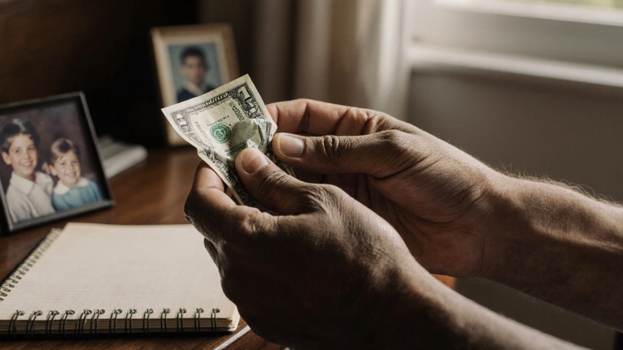 Resort worker’s hands holding a  bill with a child’s notebook in the background