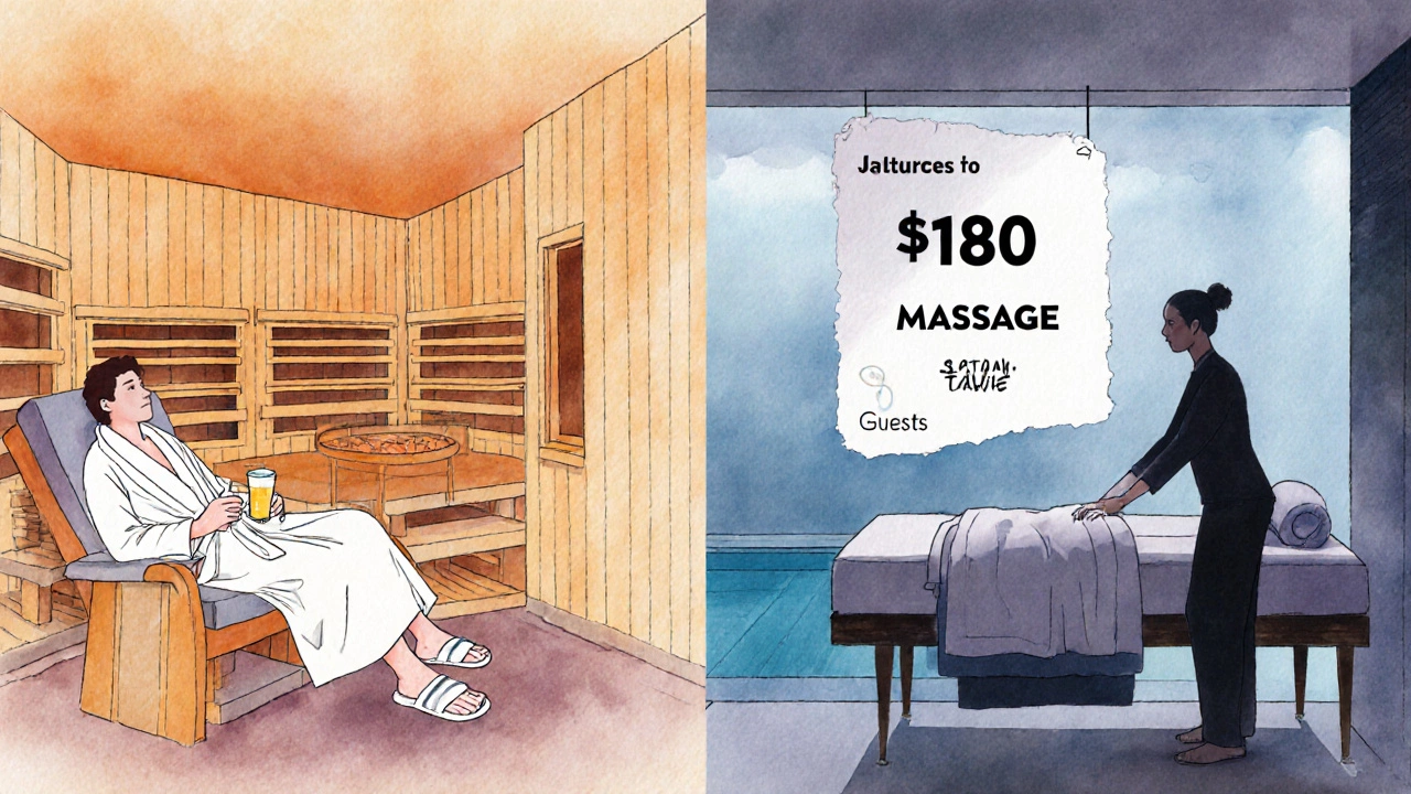 Split scene: free thermal suite on left, paid massage on right.