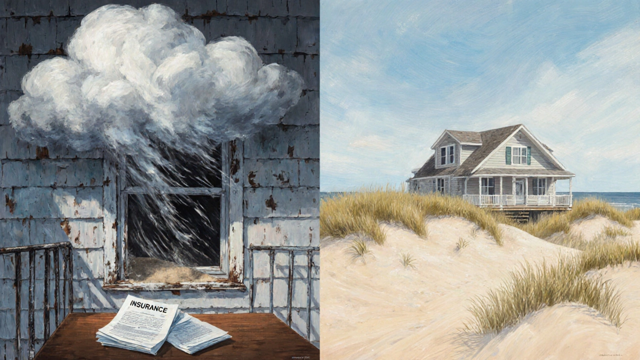 Split view of a beachfront home with sand and corrosion versus a calmer oceanfront home.