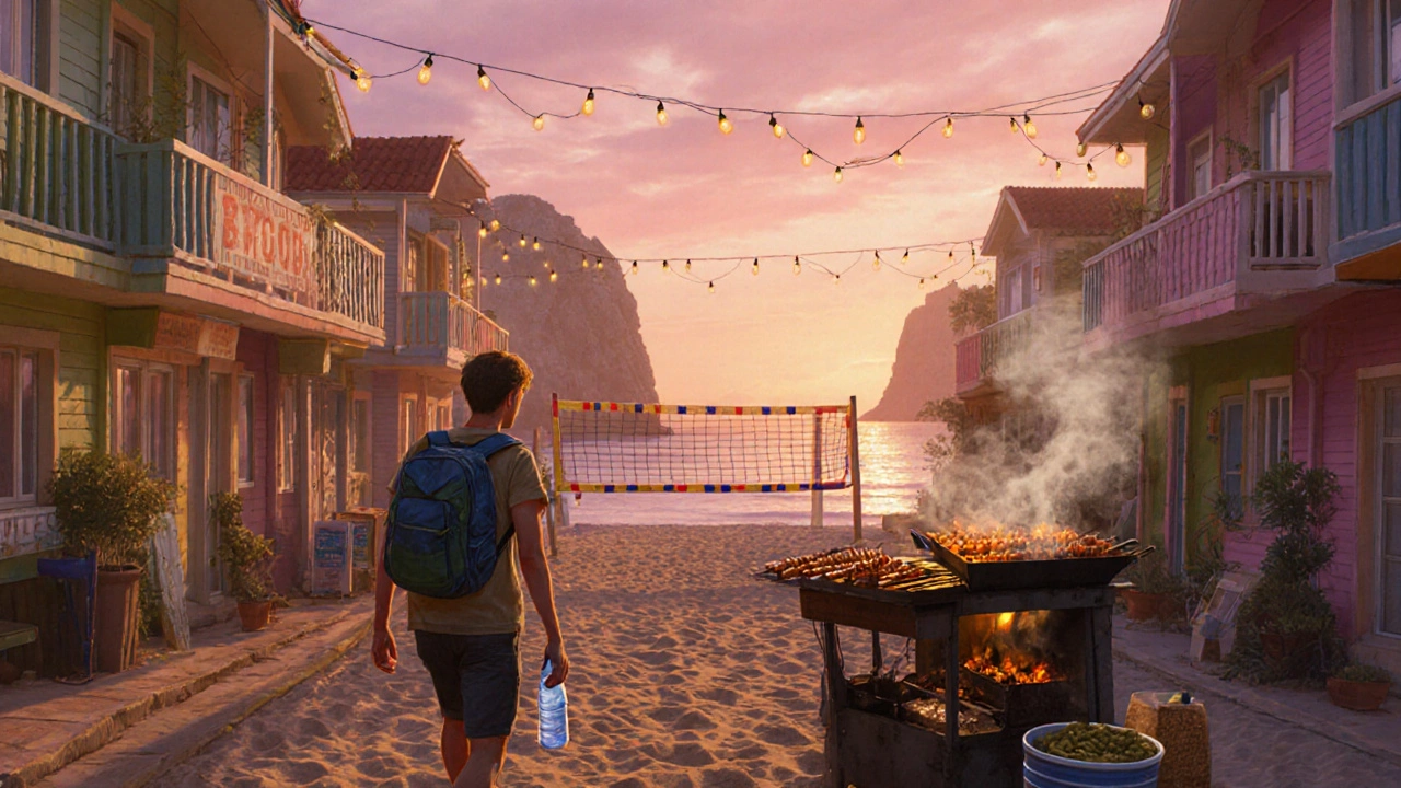 Sunny Beach promenade in September with hostels, kebab stall, traveler with backpack and beach volleyball net.