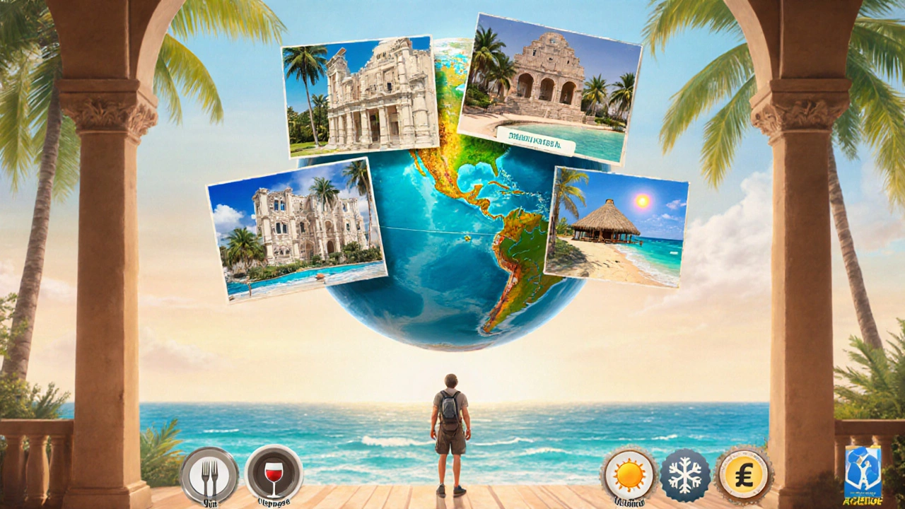 Traveler beside a globe with scenes of Caribbean, Mexico, Europe, Asia, and Africa highlighting price factors.