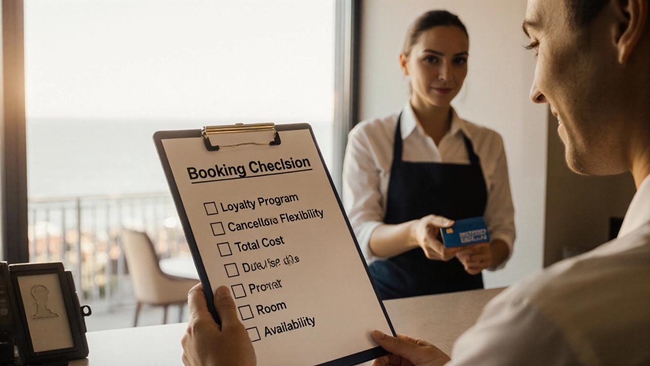 Traveler checks a booking decision checklist at a hotel desk.