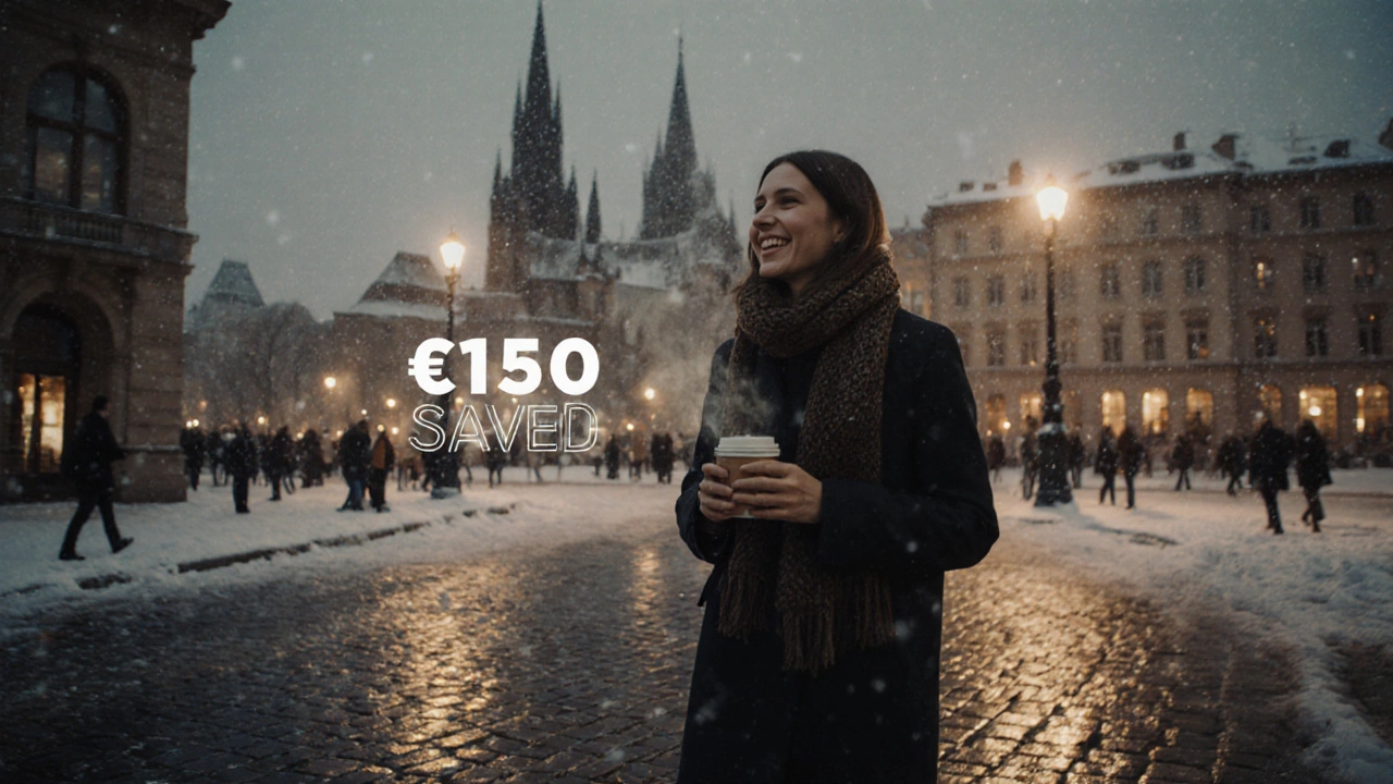 Traveler enjoying a snowy European city square with coffee after a budget-friendly trip.