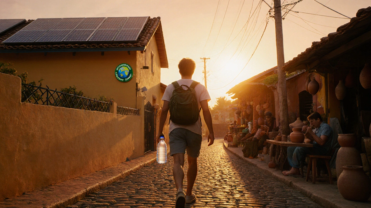 Traveler leaving the resort at sunset, exploring a village market with a reusable water bottle.