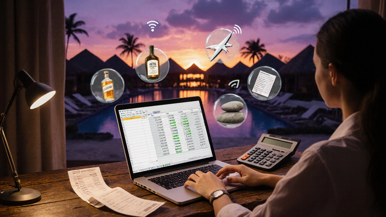 Traveler reviewing a budget spreadsheet with floating icons of hidden resort fees.