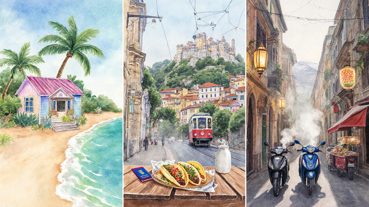 Watercolor collage of Mexico beach bungalow, Portugal village, and Vietnam street scene.