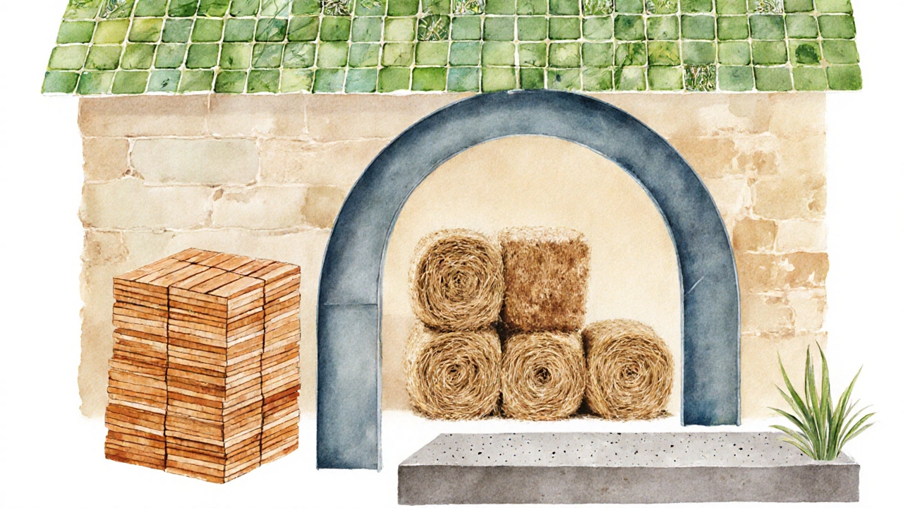 Watercolor collage of sustainable building materials: CLT, rammed earth, straw bales, recycled steel, green roof.