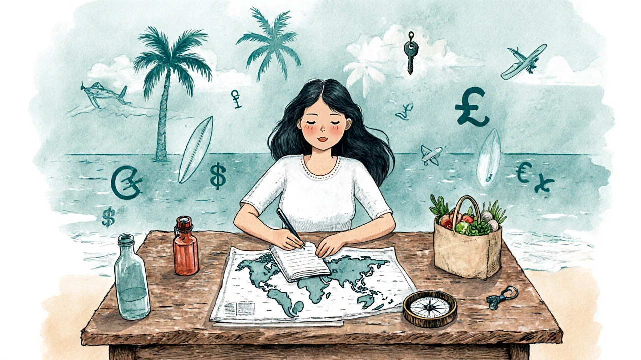 Watercolor illustration of a traveler planning a beach itinerary beside a map, notebook and budget icons.