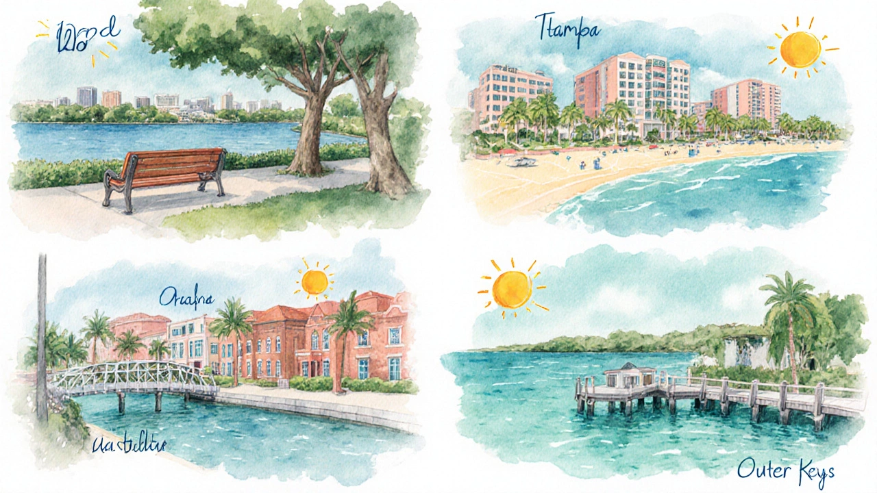 Watercolor map of Florida highlighting Orlando, Tampa, Jacksonville, and Marathon as cheap October spots.