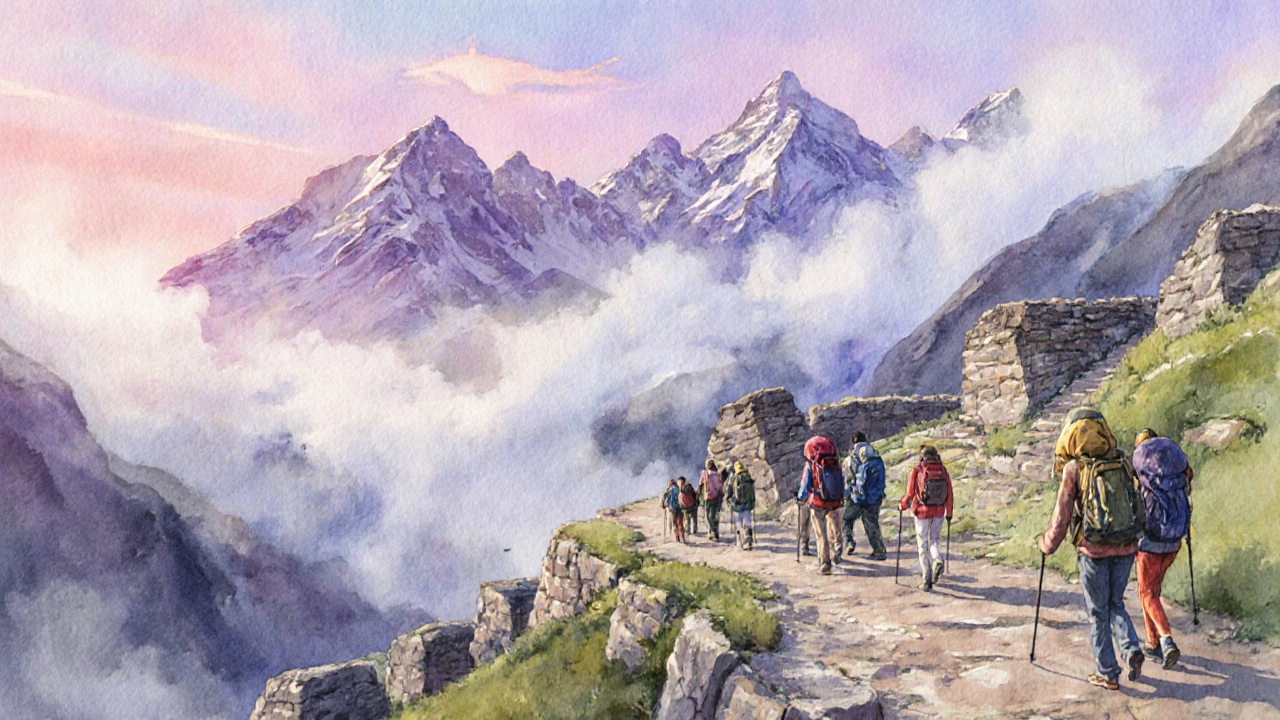 Watercolor of hikers on the misty Inca Trail with sunrise over Andes peaks.