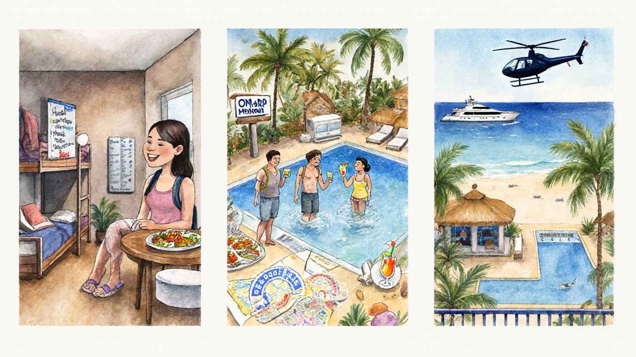 Watercolor of three vacation scenes: hostel backpacker, mid‑range family hotel, luxury couple resort.