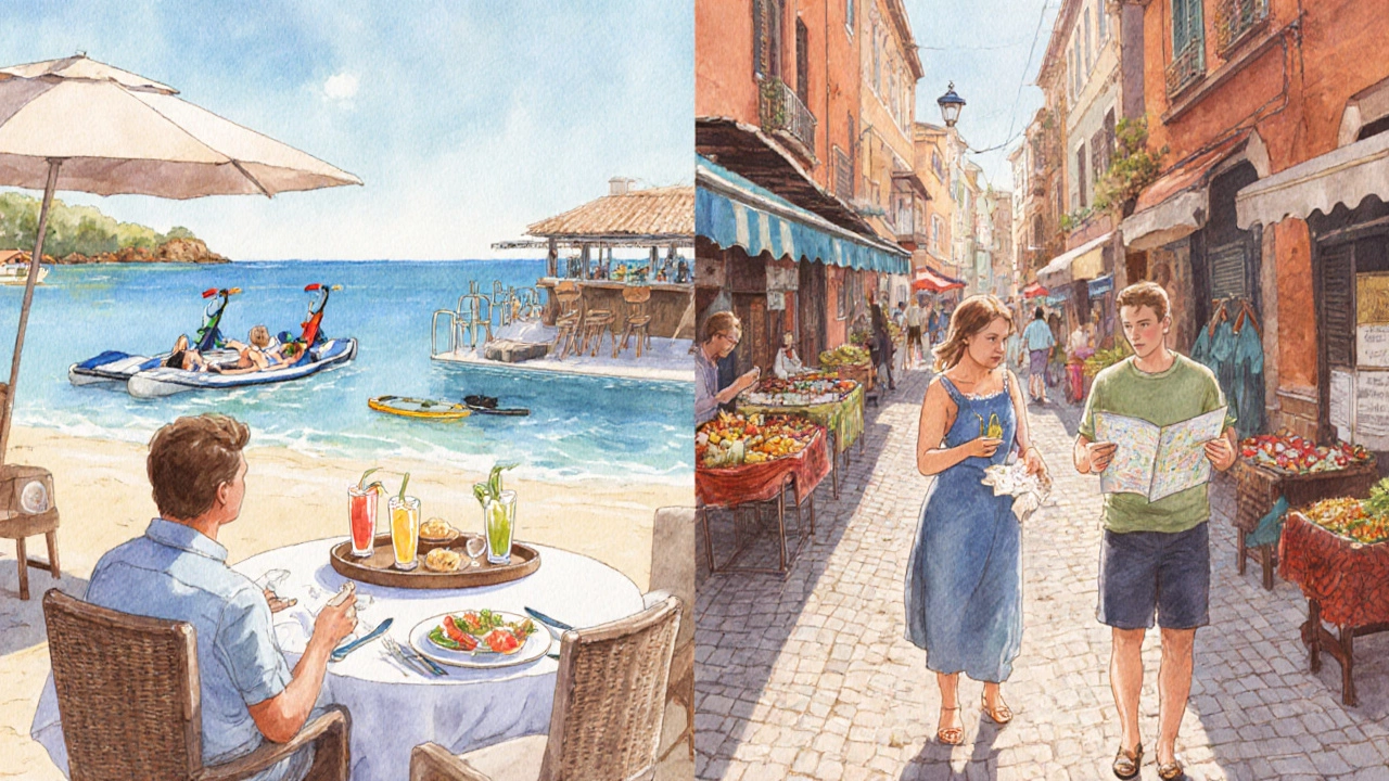 Watercolor split scene showing all‑inclusive dining vs à la carte market exploration.
