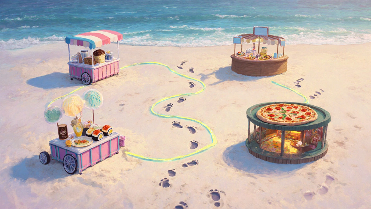 A conceptual journey of 24-hour dining options at an all-inclusive resort, from midnight snacks to sunrise coffee.