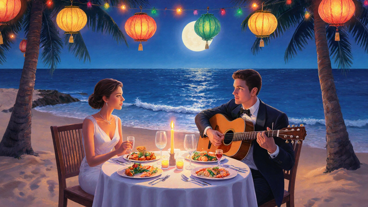 A romantic candlelit dinner on the beach with gourmet food and ocean views under moonlight.