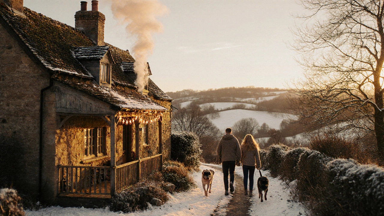 Cotswolds cottage in winter with family walking along a frosty path under fairy lights.