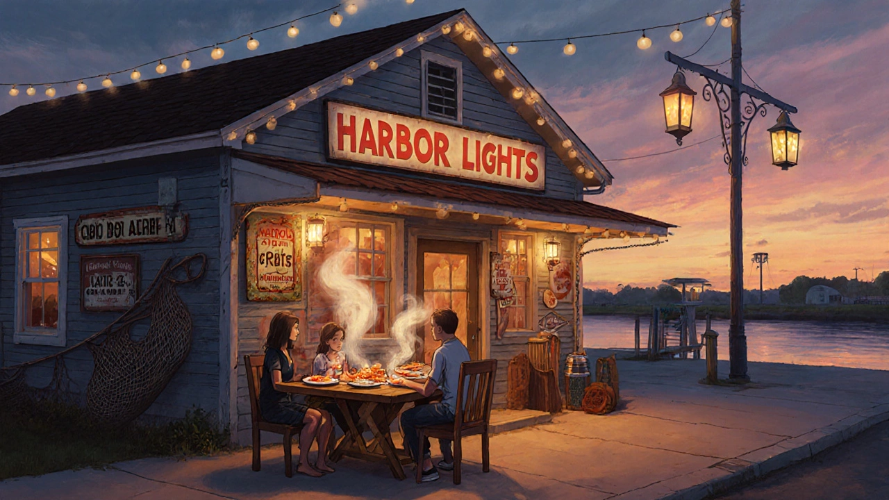 Cozy family dinner at Harbor Lights restaurant behind a gas station with riverwalk lights.