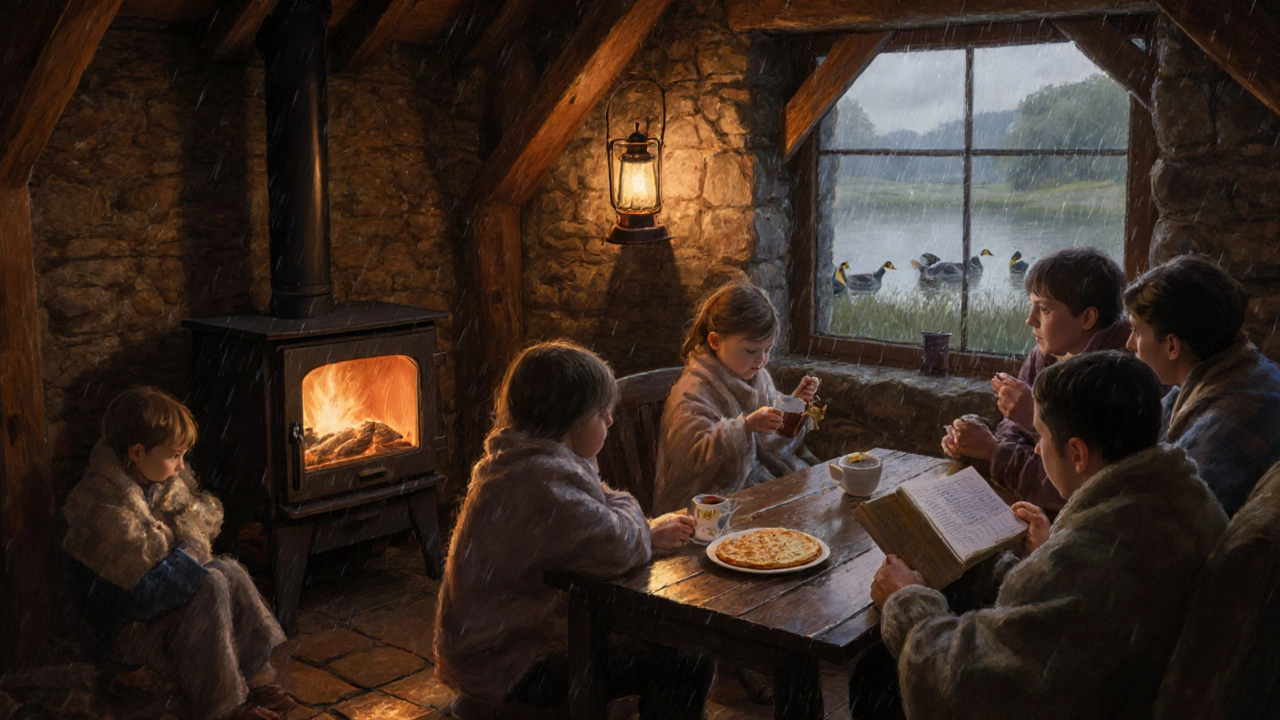Cozy family in a Lake District cottage by a wood stove, children reading by lantern light.