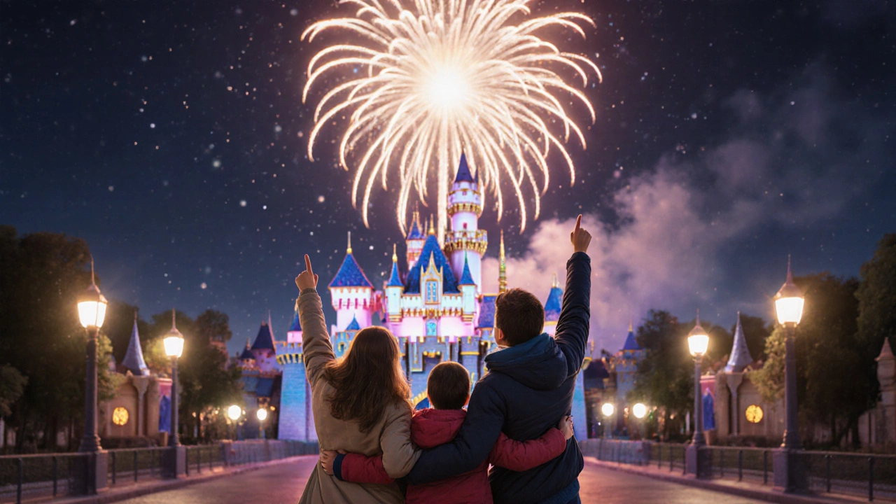 Family watching fireworks over Disneyland Paris castle, children in awe under glowing night sky.