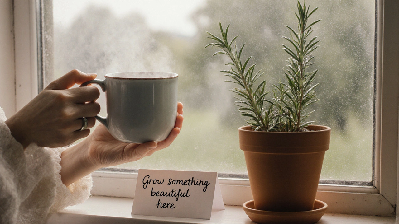 Hands holding mugs beside a potted herb on a windowsill, with a handwritten note in the morning light.