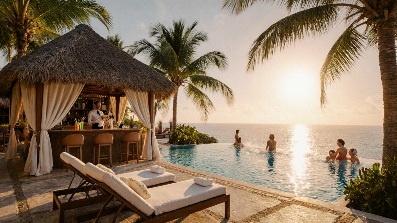 Luxury resort poolside with cabana, cocktails, and tropical scenery