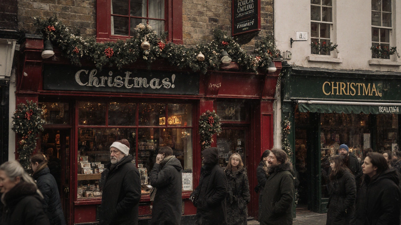 Quiet British high street with independent shops and &#039;Happy Christmas!&#039; sign in December.
