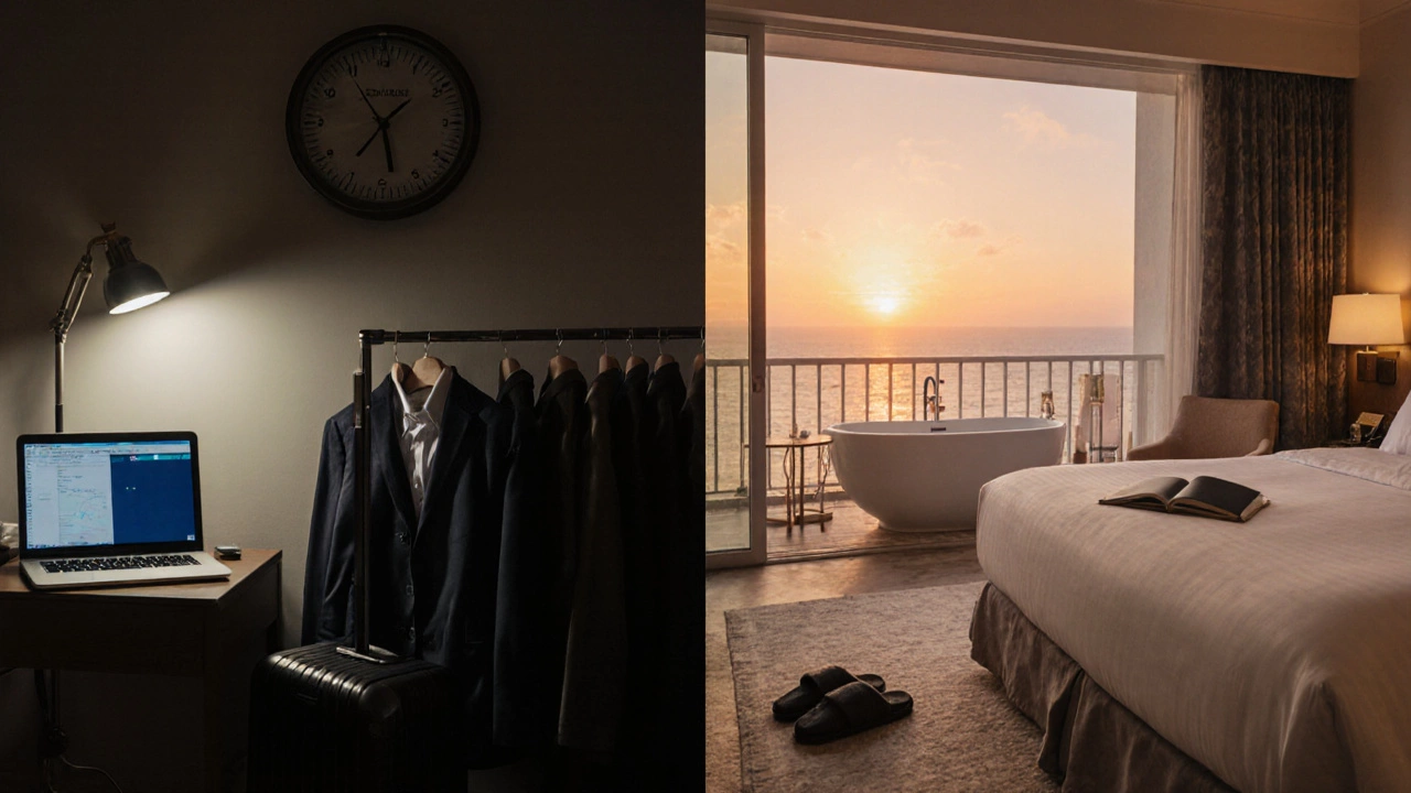Split image: business hotel workspace vs. resort ocean-view relaxation