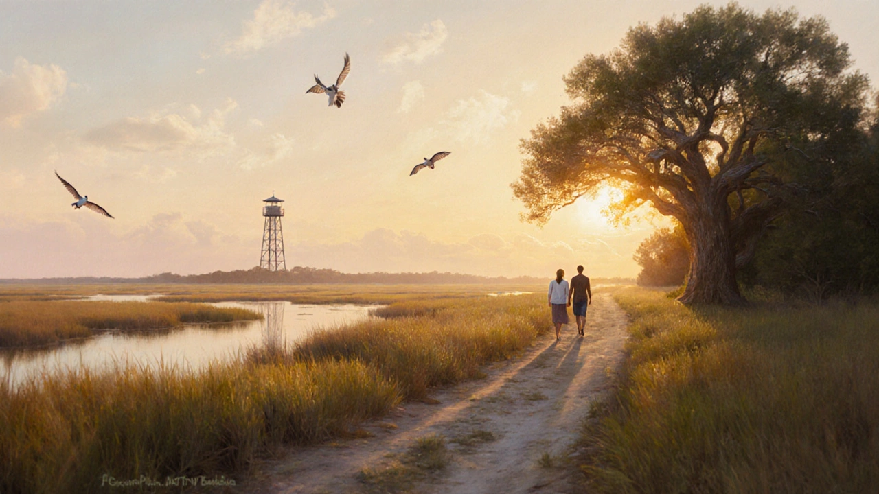 Sunrise walk through salt marshes at Myrtle Beach State Park with ospreys and observation tower.