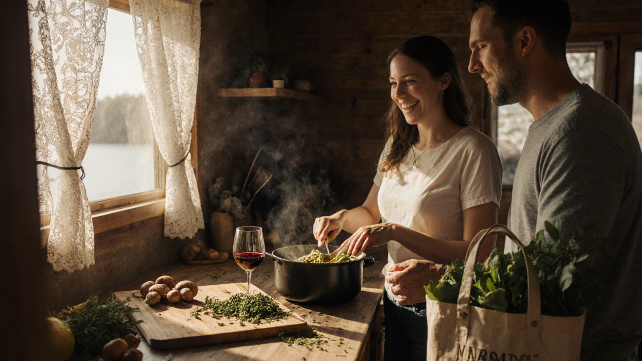 Two people cooking together in a rustic kitchen, laughing as they prepare a meal with fresh herbs and wine.