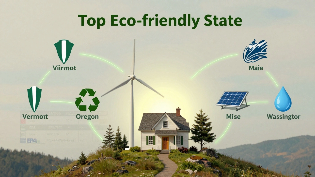 A central eco-cottage in Minnesota, visually connected by green lines to icons representing renewable energy, recycling, and transport, symbolizing its top sustainability ranking.