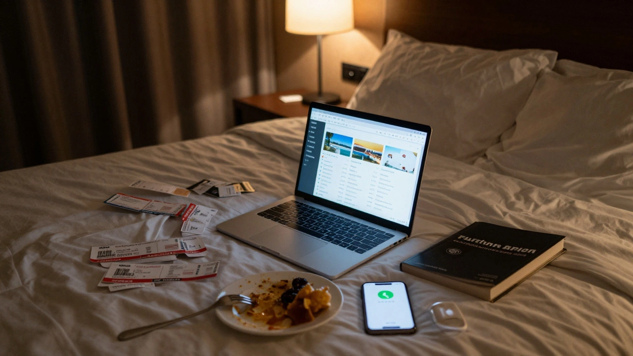 A cluttered hotel room at night shows the toll of over-planning a self-guided trip.