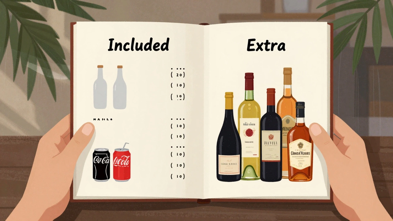 A drink menu divided into included and extra-cost beverages, separated by a transparent barrier.