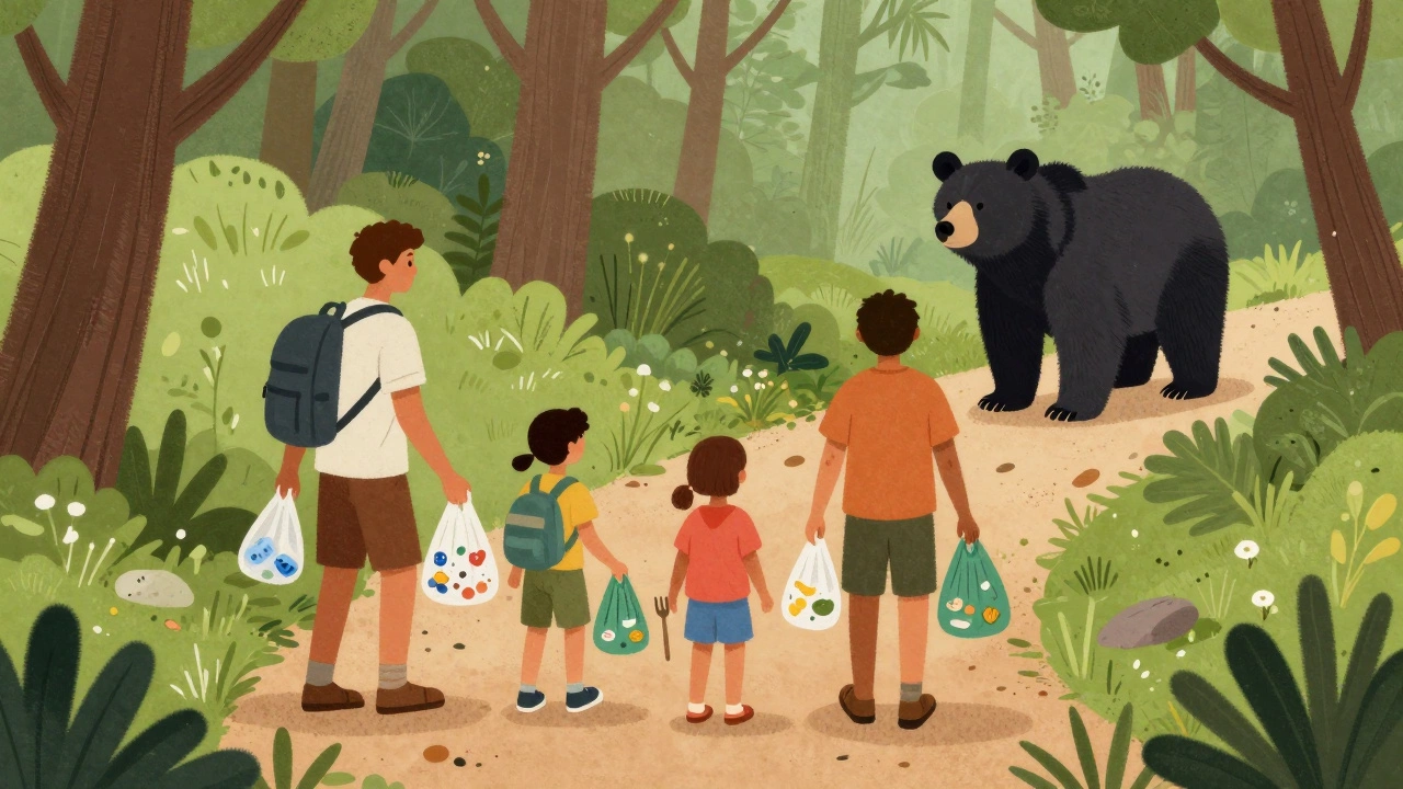 A family hiking with trash bags while a bear watches from afar in the woods.