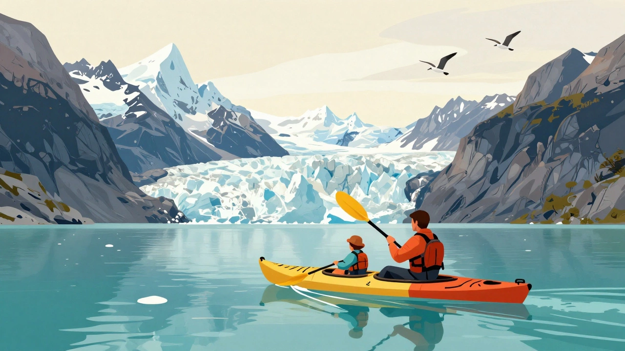 A family kayaking in Patagonia’s fjords with glaciers in the background.